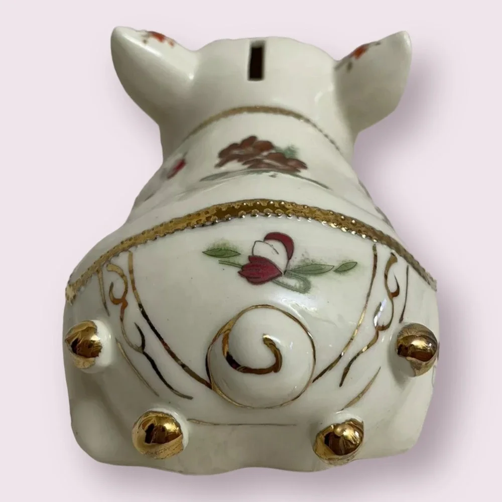Chinese Floral Ceramic Piggy Bank Home Decor Small White Gold